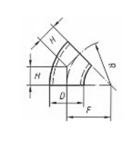 Coude 45° - cotes H (centre-extrémité), F et rayon R